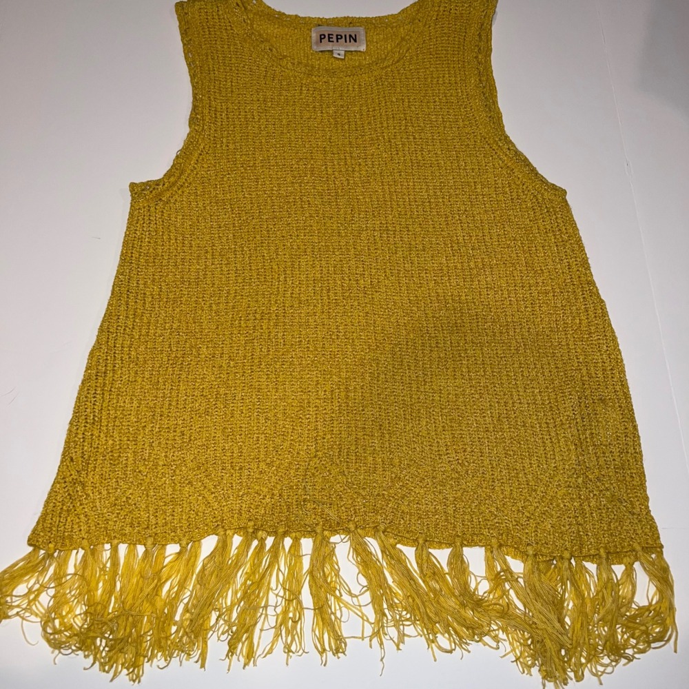 PEPIN Fringe Knit Tank Top Womens Small Yellow Excellent Boho Sleeveless Sweater